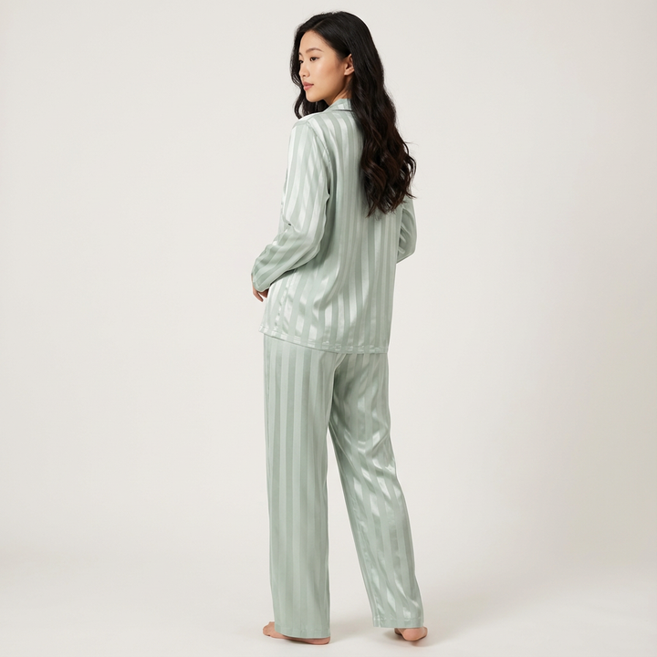 Dames Satijnen Pyjama Set – Gestreept Design met Zijdezachte Afwerking Beige / S - AIDA LENA