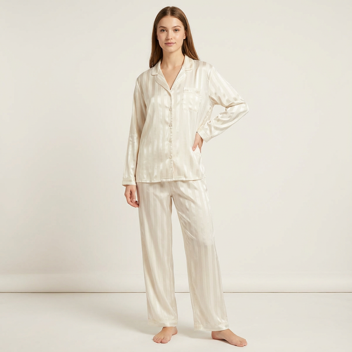 Dames Satijnen Pyjama Set – Gestreept Design met Zijdezachte Afwerking Ivoor / S - AIDA LENA