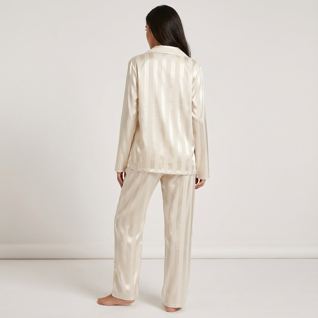 Dames Satijnen Pyjama Set – Gestreept Design met Zijdezachte Afwerking Beige / S - AIDA LENA