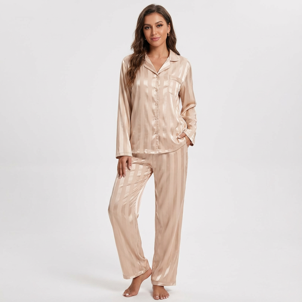 Dames Satijnen Pyjama Set – Gestreept Design met Zijdezachte Afwerking Beige / S - AIDA LENA