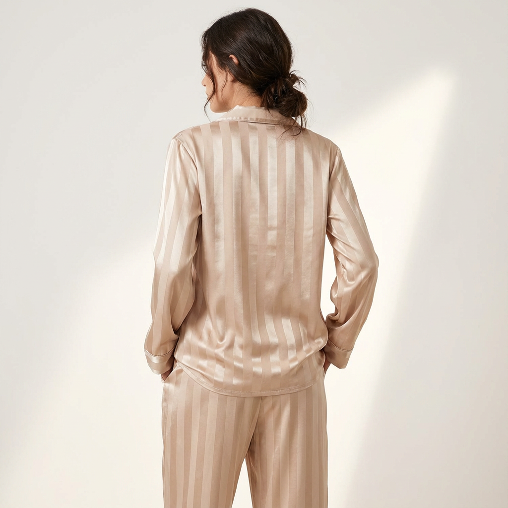 Dames Satijnen Pyjama Set – Gestreept Design met Zijdezachte Afwerking Beige / S - AIDA LENA