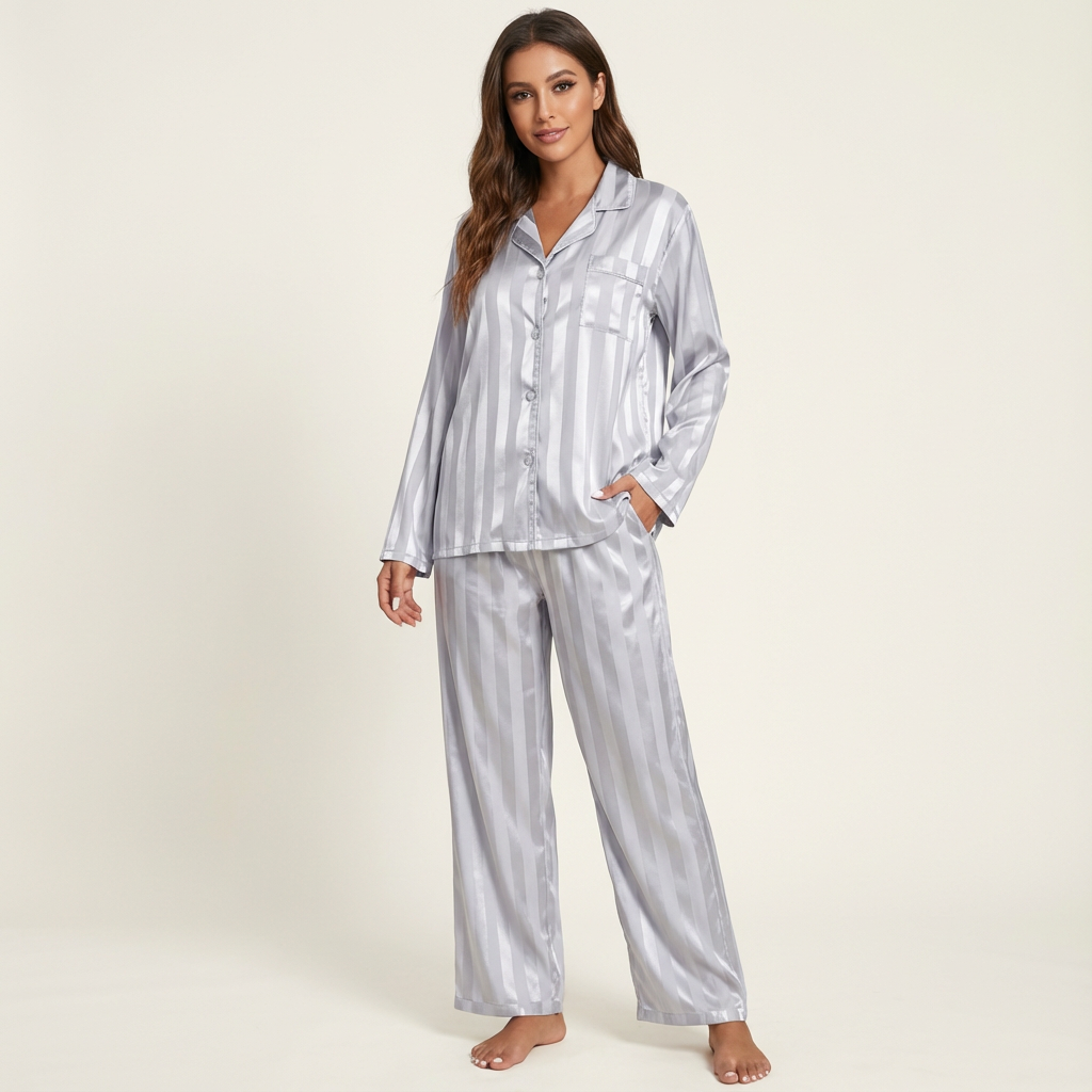 Dames Satijnen Pyjama Set – Gestreept Design met Zijdezachte Afwerking Blauw / S - AIDA LENA