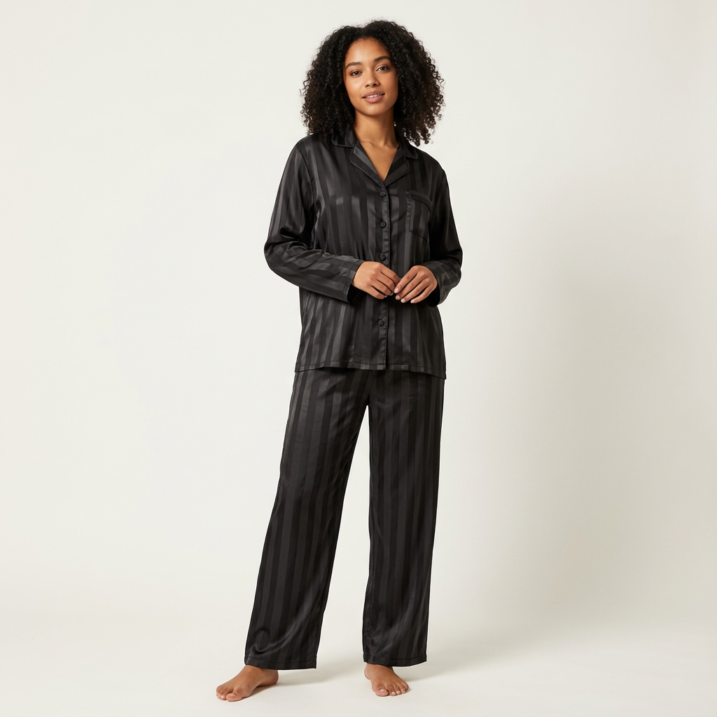 Dames Satijnen Pyjama Set – Gestreept Design met Zijdezachte Afwerking Beige / S - AIDA LENA