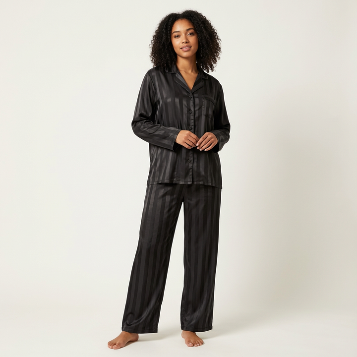 Dames Satijnen Pyjama Set – Gestreept Design met Zijdezachte Afwerking Beige / S - AIDA LENA