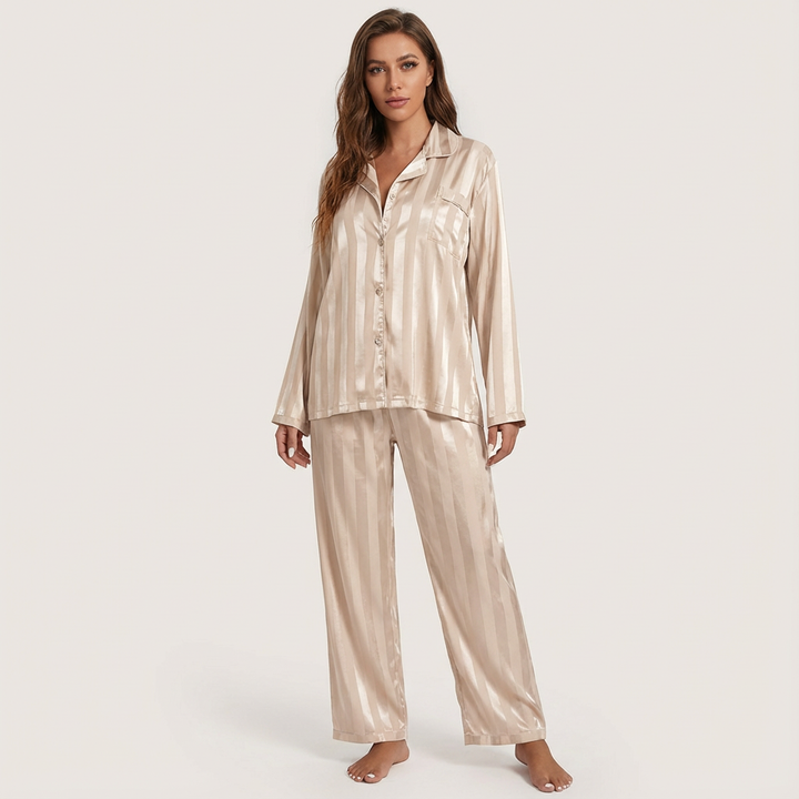 Dames Satijnen Pyjama Set – Gestreept Design met Zijdezachte Afwerking Beige / S - AIDA LENA