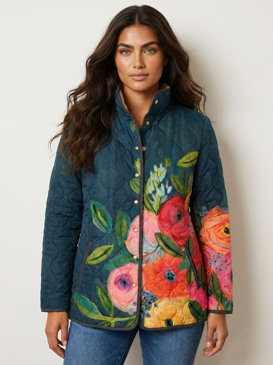 Dames gewatteerde jas met bloemenprint en opstaande kraag, donkerblauw met felgekleurde bloemen.