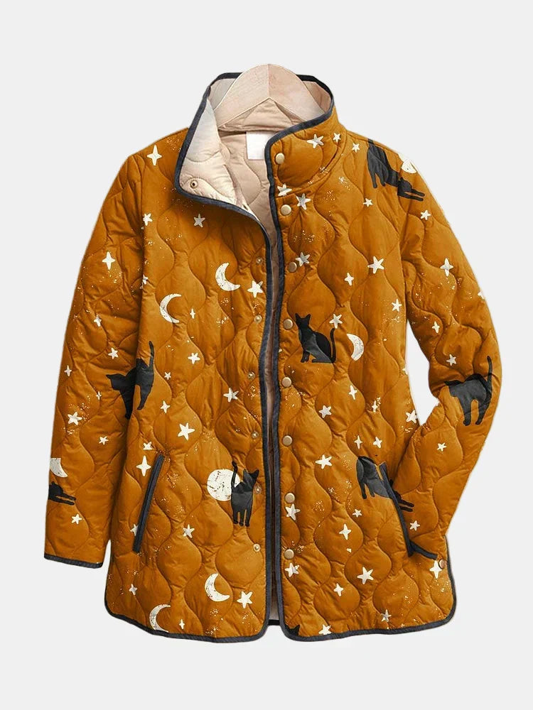 Women's Quilted Jacket Relaxed Fit Lightweight Layering with Cat Print