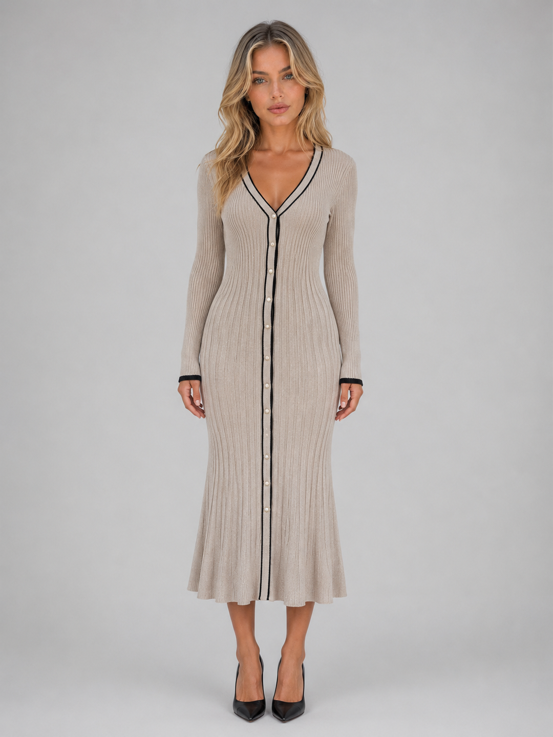 Women's Ribbed Midi Dress | Button Detail & Flared Hem