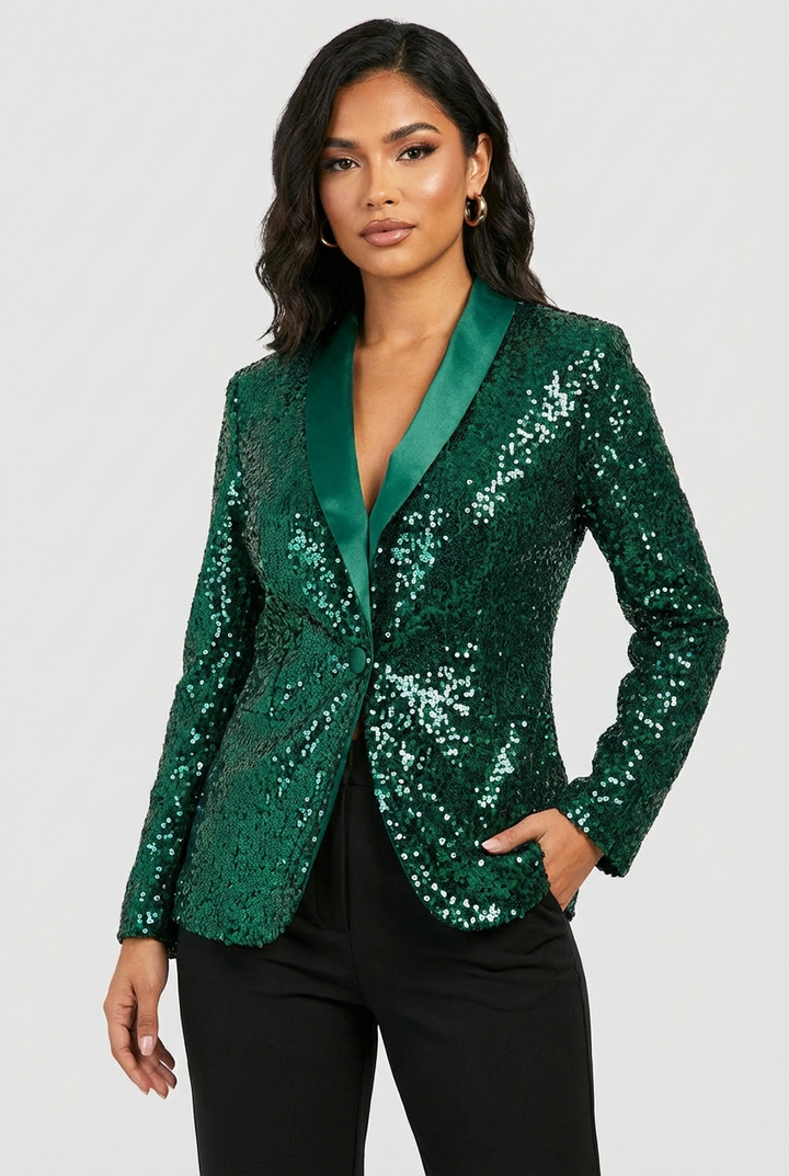 Dames Pailletten Blazer – Glanzend Model met Elegante Pasvorm Groen / S - AIDA LENA