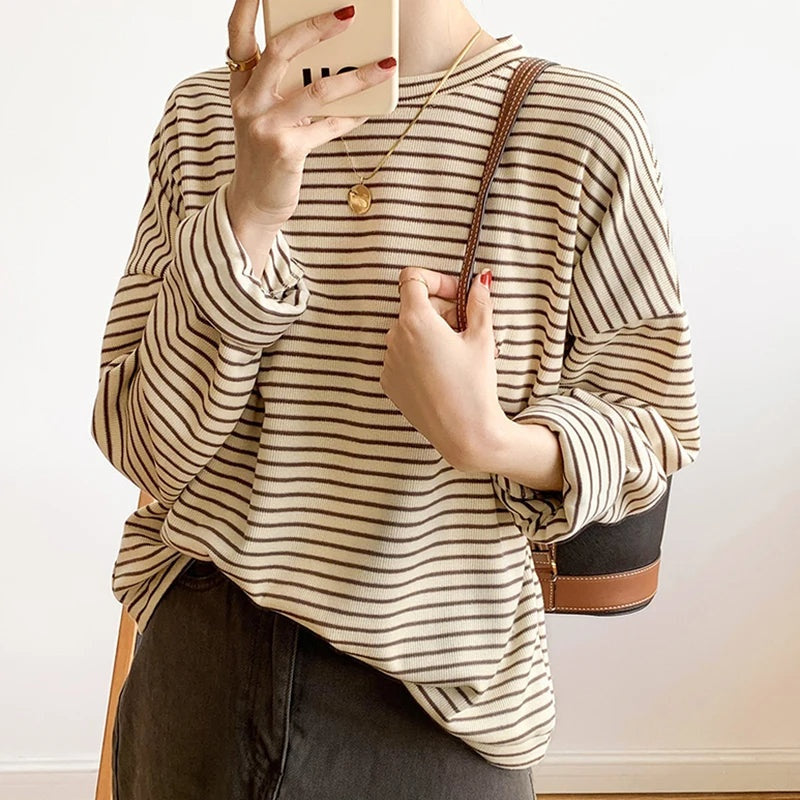 Gestreepte dames top – Heritage Beige / S - AIDA LENA