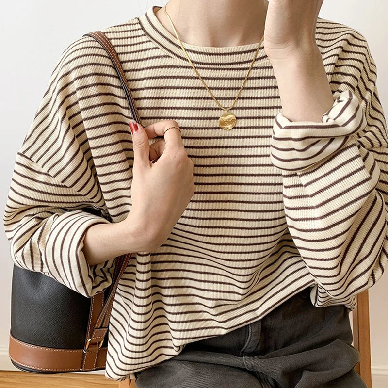 Gestreepte dames top – Heritage Beige / S - AIDA LENA