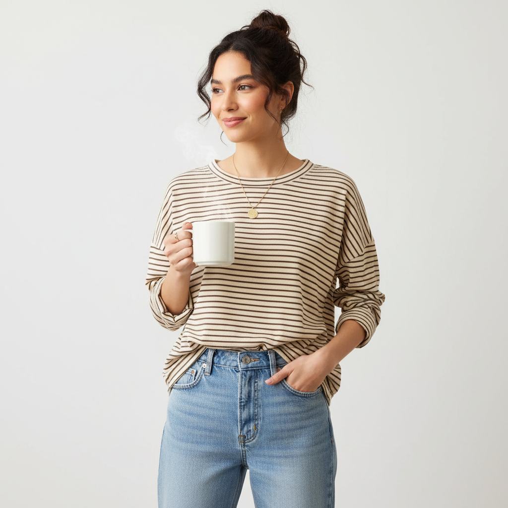 Gestreepte dames top – Heritage Beige / S - AIDA LENA