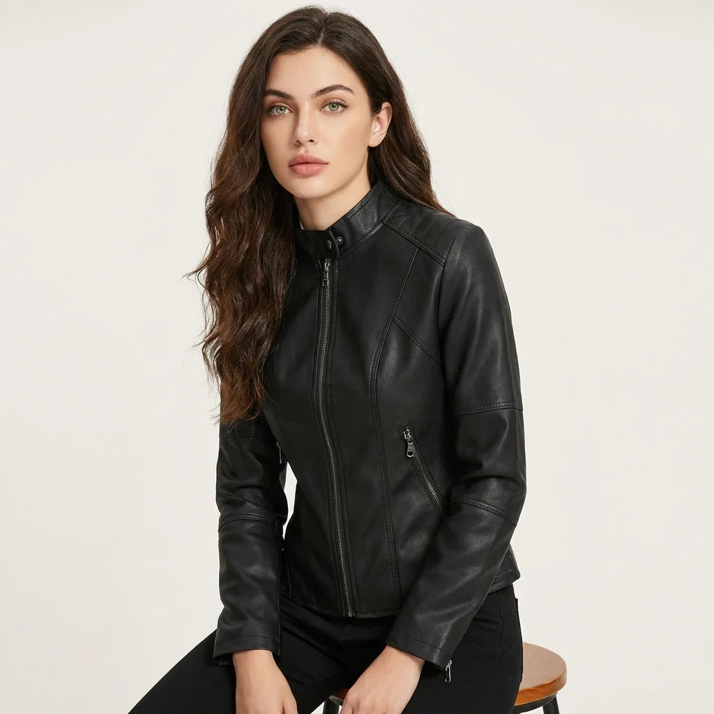 Dames Leren Jack – Getailleerde Pasvorm met Ritssluiting Zwart / XS - AIDA LENA