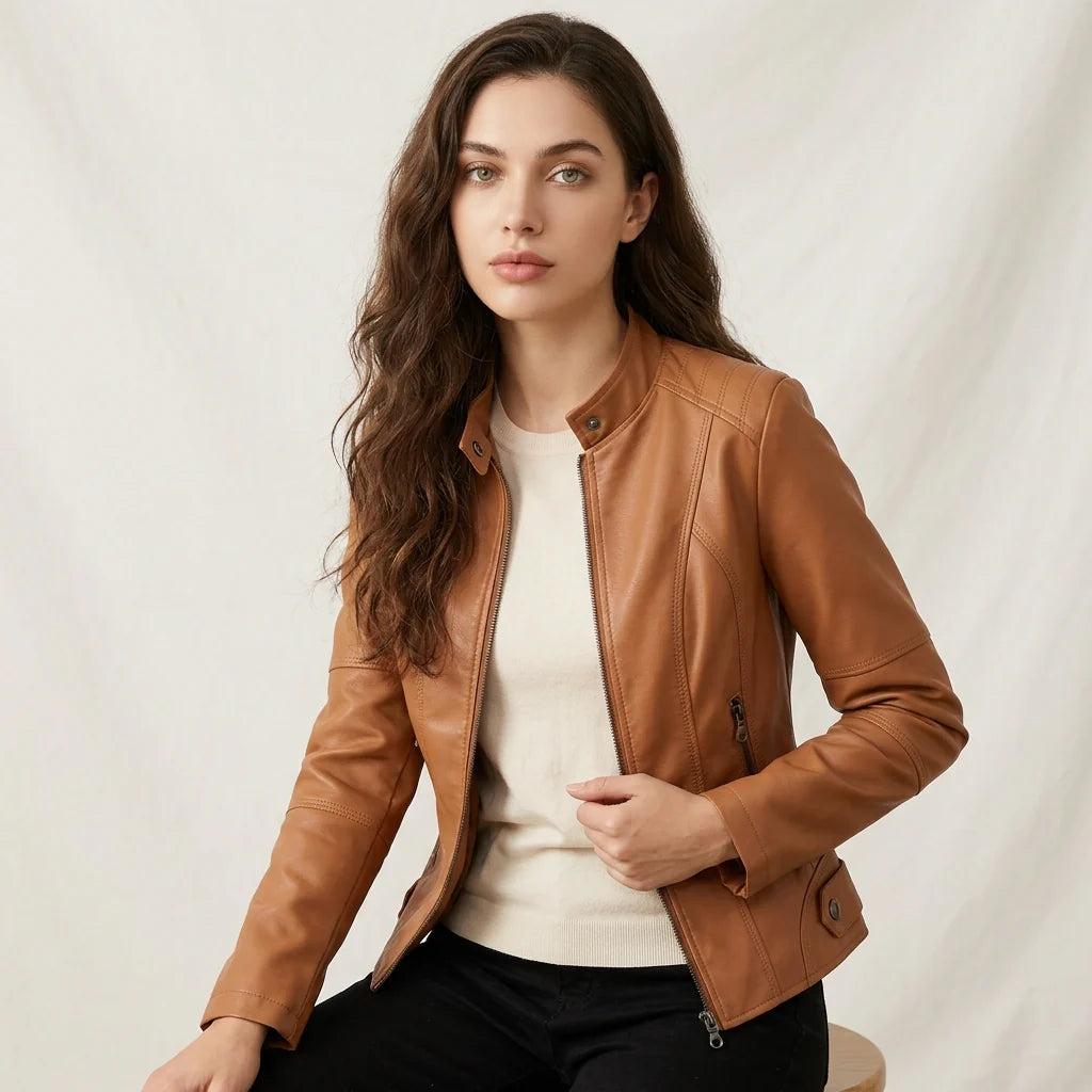 Dames Leren Jack – Getailleerde Pasvorm met Ritssluiting Lichtbruin / XS - AIDA LENA