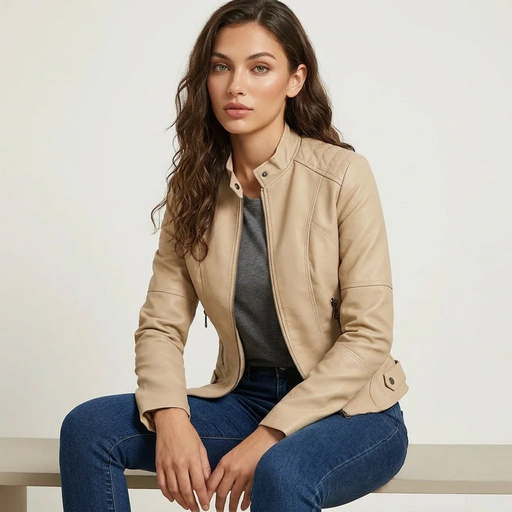 Dames Leren Jack – Getailleerde Pasvorm met Ritssluiting Beige / XS - AIDA LENA