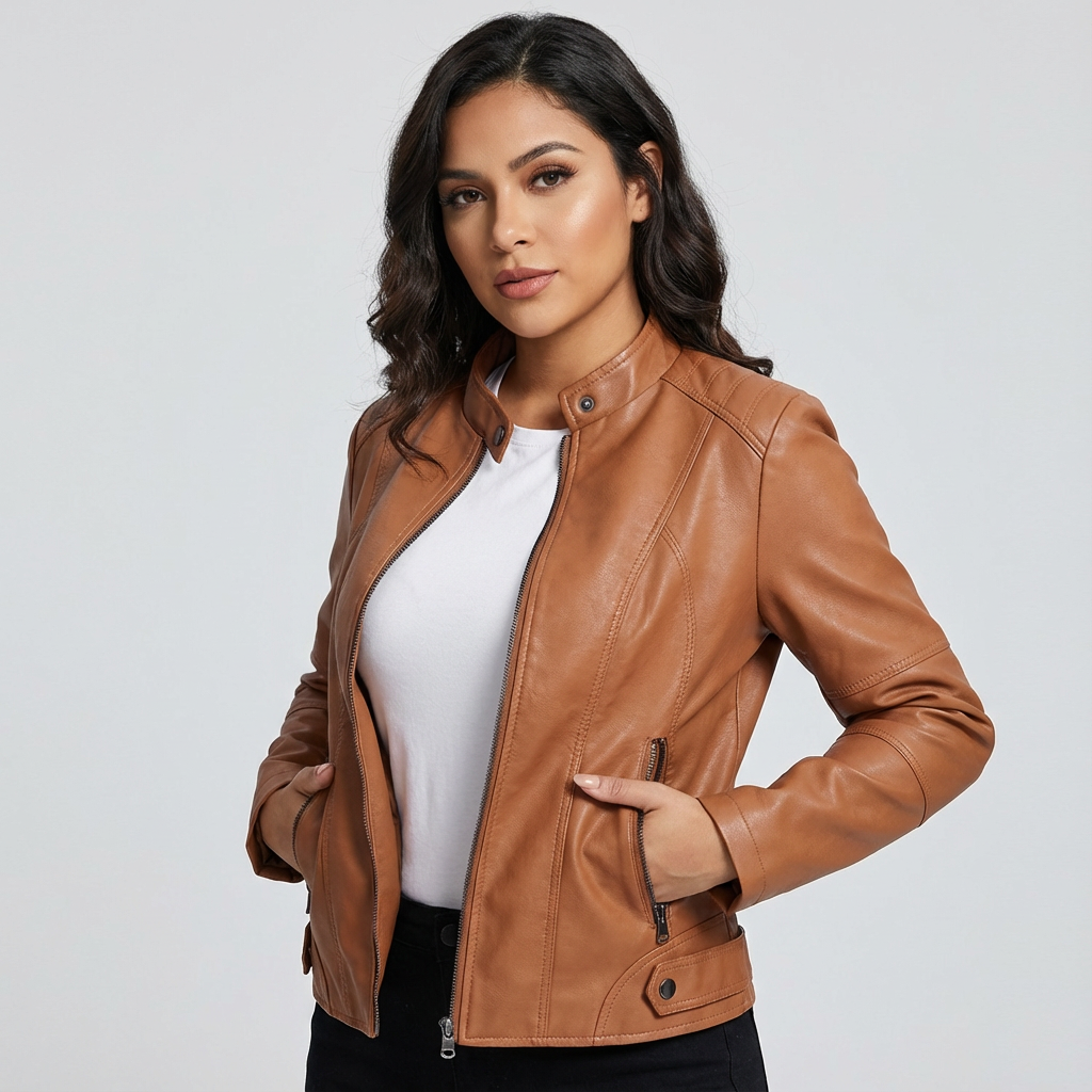 Dames Leren Jack – Getailleerde Pasvorm met Ritssluiting Zwart / XS - AIDA LENA