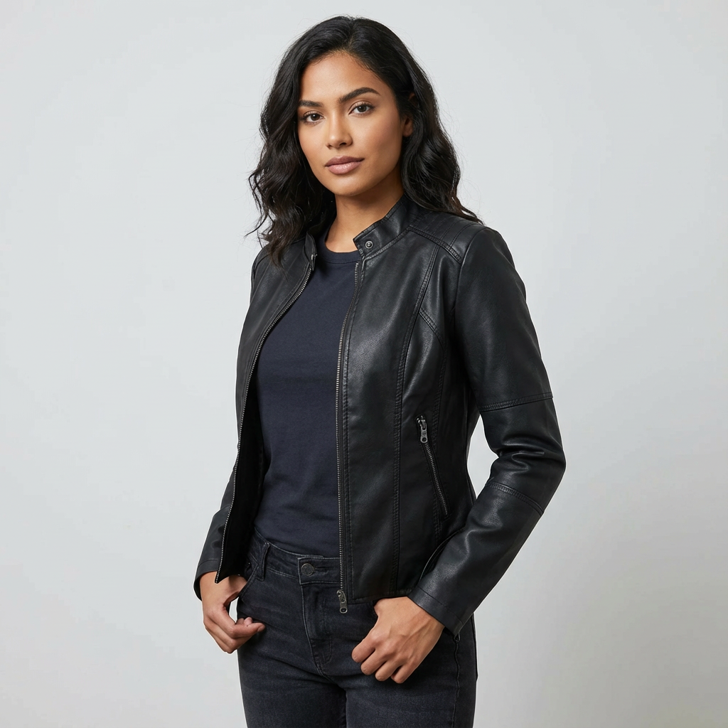 Dames Leren Jack – Getailleerde Pasvorm met Ritssluiting Zwart / XS - AIDA LENA