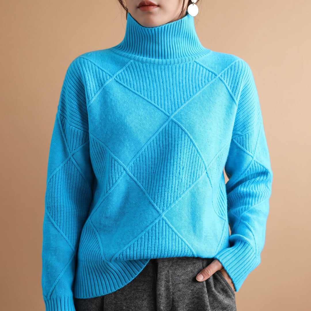Women's Turtleneck Sweater Diamond-Block Ribbed Trim Knit