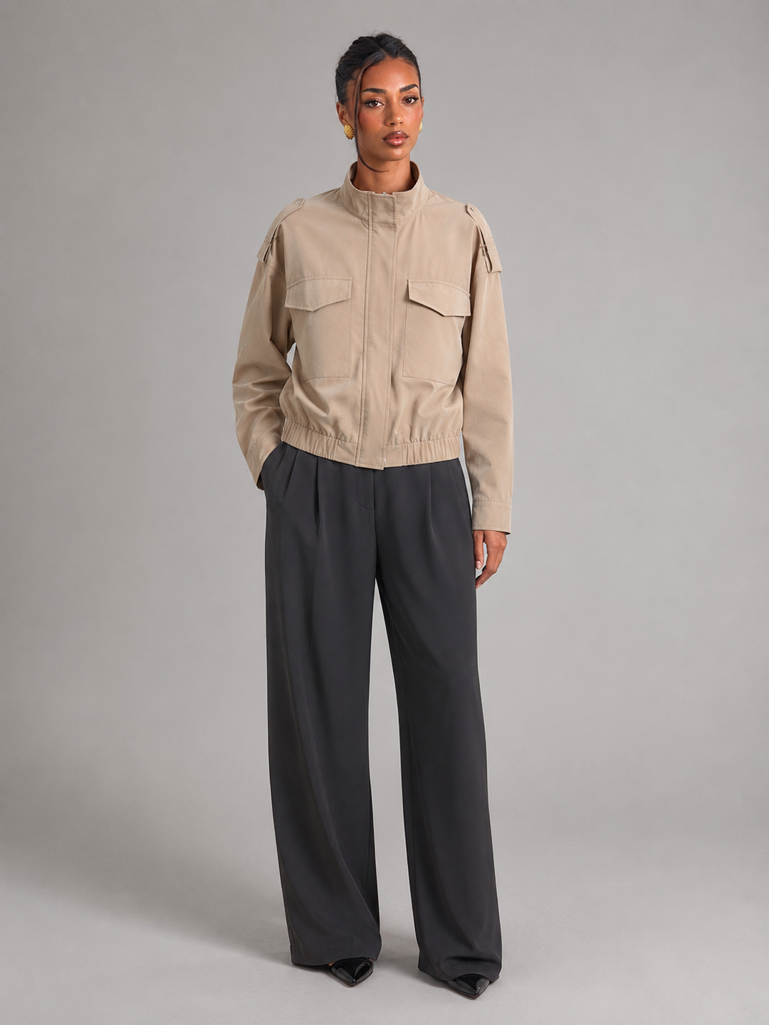 Cropped Utility Jacket with Stand Collar and Zip Placket