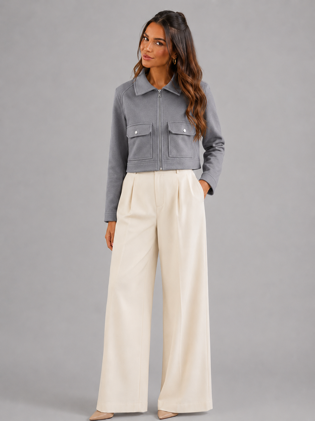 Cropped Faux Leather Utility Jacket with Patch Pockets