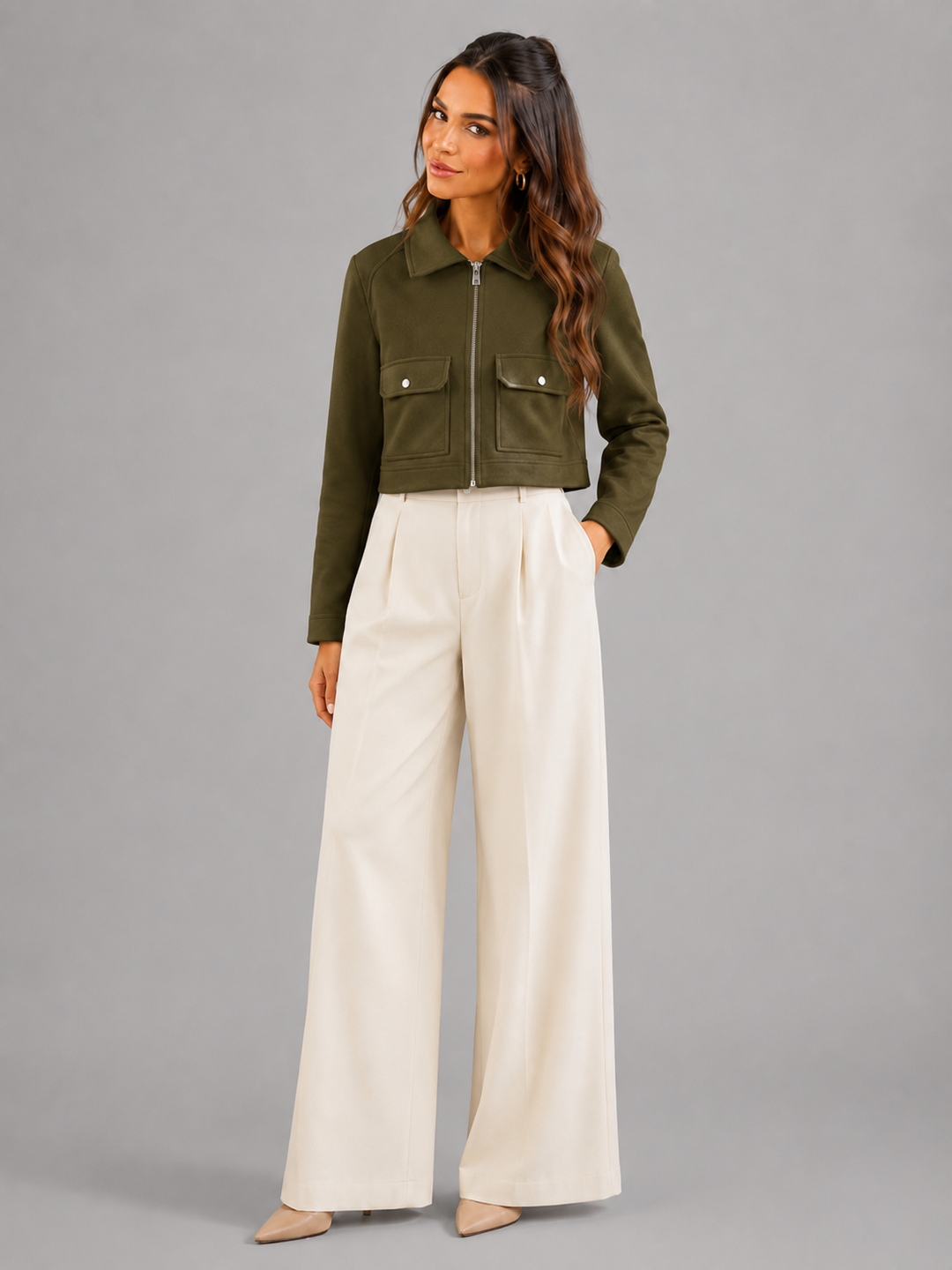 Cropped Faux Leather Utility Jacket with Patch Pockets