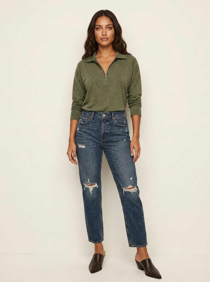 Dames Top met Ritskraag – Losvallend Model met Lange Mouwen Legergroen / S - AIDA LENA