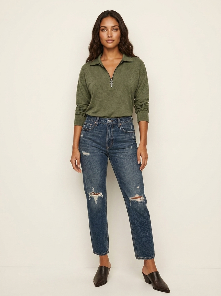 Dames Top met Ritskraag – Losvallend Model met Lange Mouwen Legergroen / S - AIDA LENA