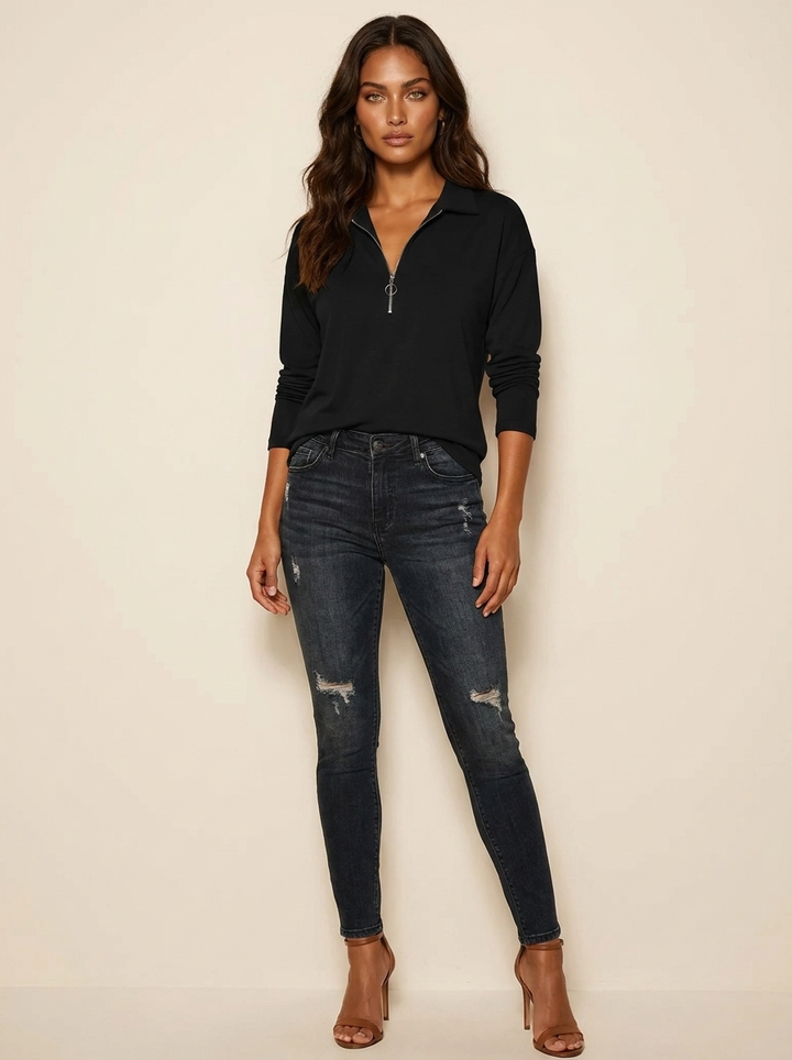 Dames Top met Ritskraag – Losvallend Model met Lange Mouwen Ruimtegrijs / S - AIDA LENA