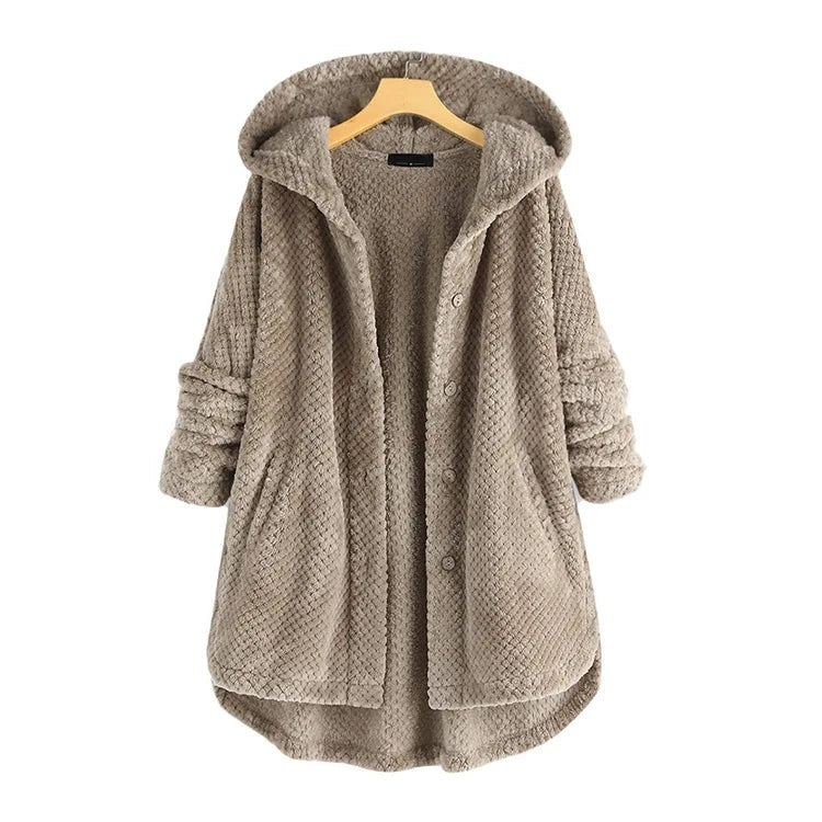 Zachte teddy fleece jas met capuchon dames – Selène Beige / S - AIDA LENA