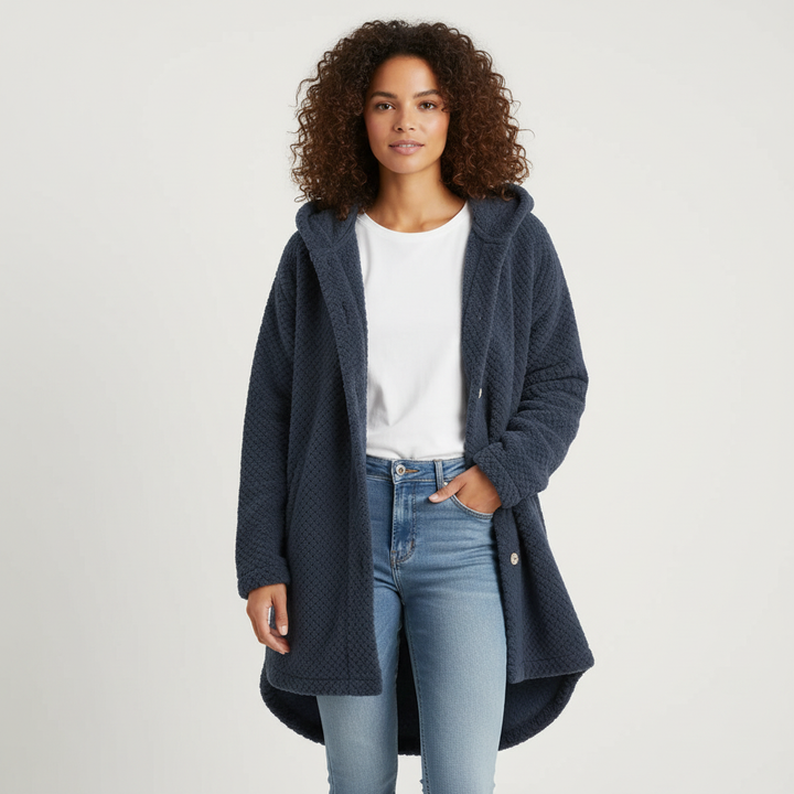 Zachte teddy fleece jas met capuchon dames – Selène Navy / S - AIDA LENA