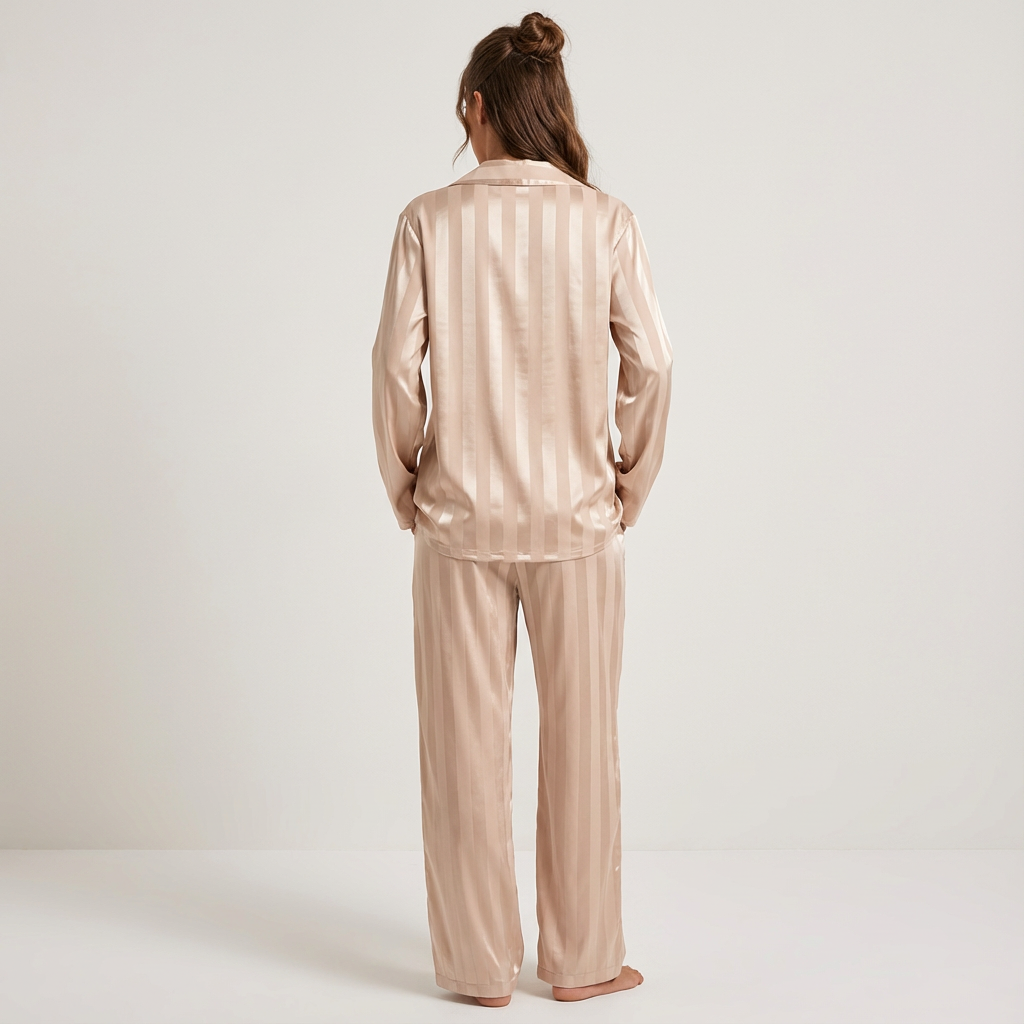 Dames Satijnen Pyjama Set – Gestreept Design met Zijdezachte Afwerking Beige / S - AIDA LENA