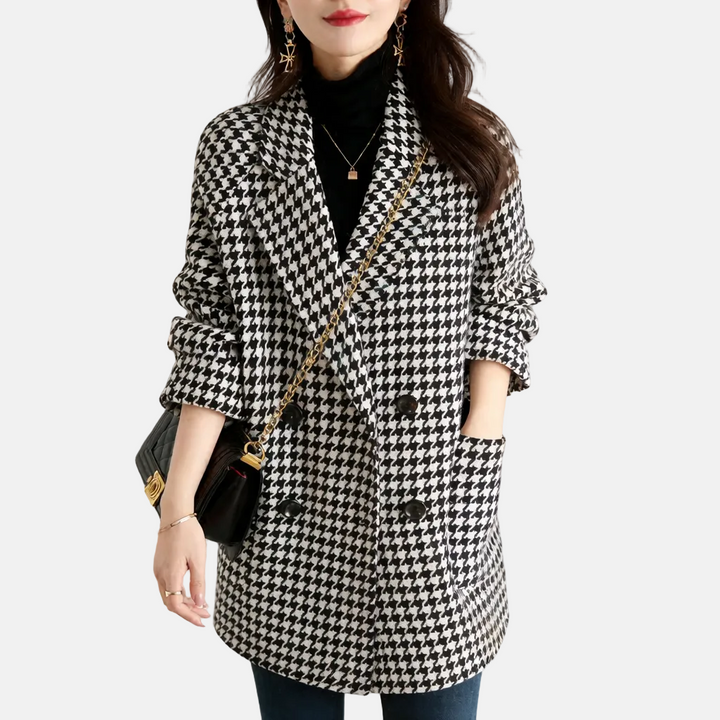 Double-Breasted Check Knee-Length Coat for Women – Cozy &amp; Stylish Design Caliboot