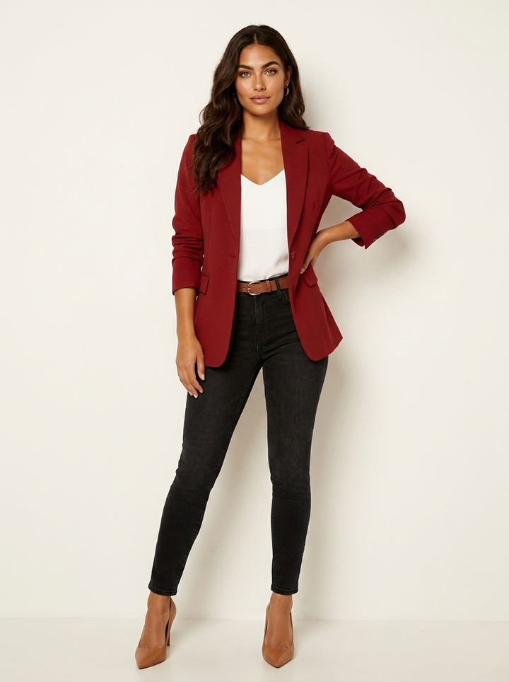 Dames Getailleerde Blazer – Effen Model met Lange Mouwen Donkerrood / S - AIDA LENA