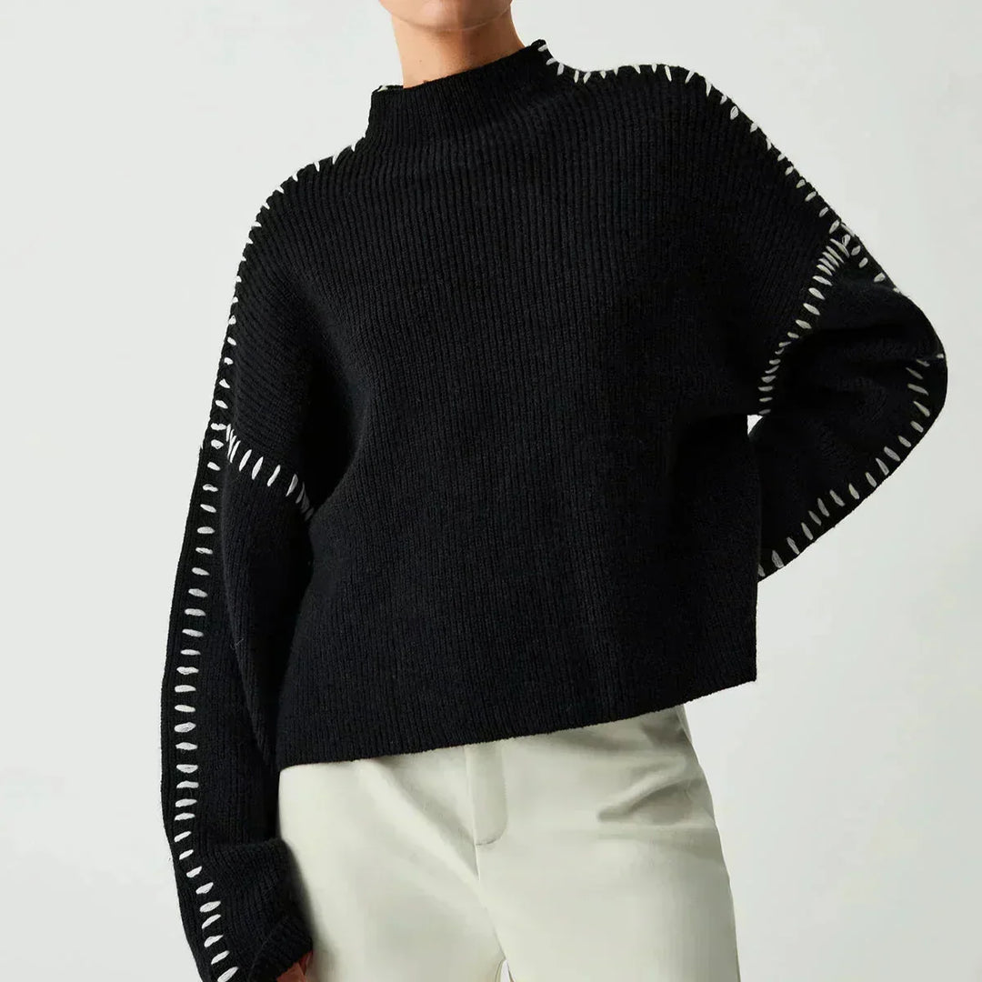 Editha™ | Women's Cropped Mock Neck Ribbed Sweater with Whipstitch